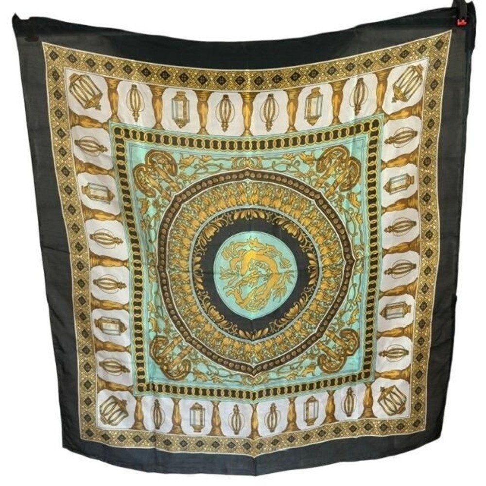 Baroque Scarf Black Gold Teal Ornate Chain Lantern Sea Dragon Medallion Square